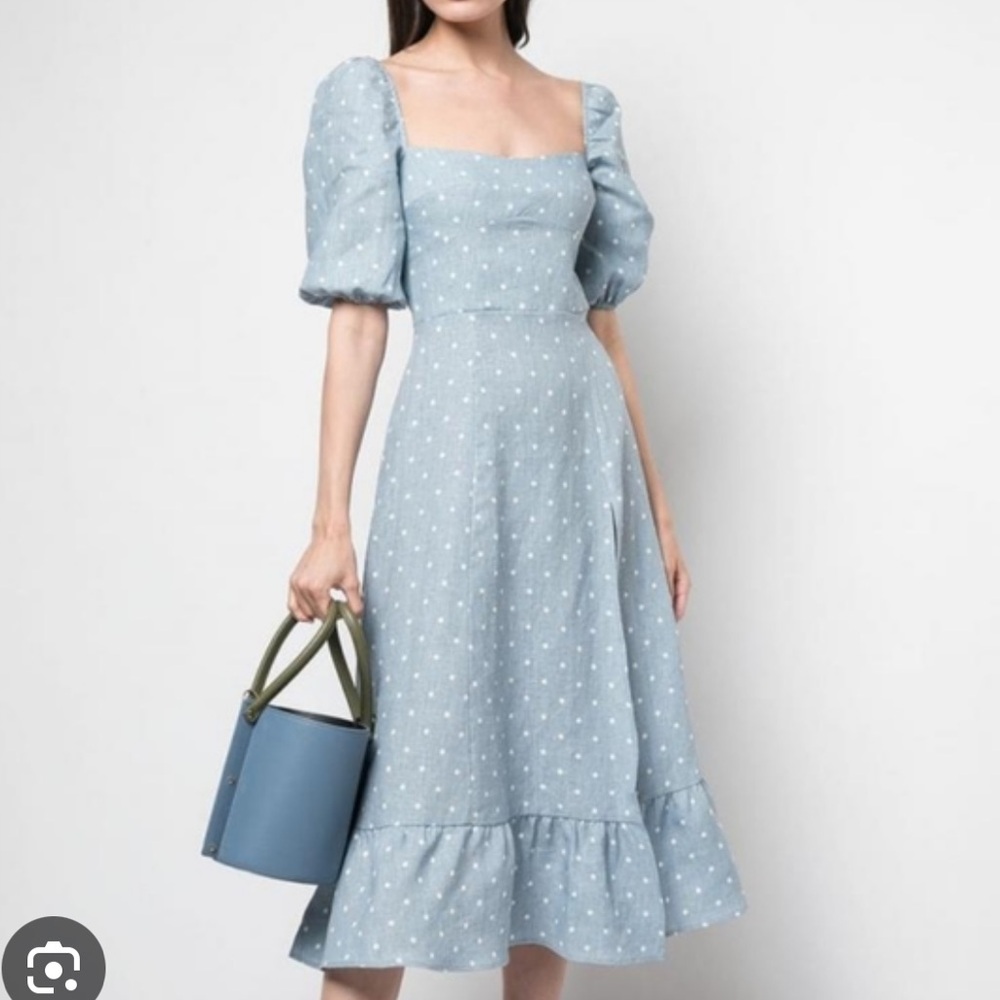 Reformation Belgium Midi Dress Blue Polka Dot
